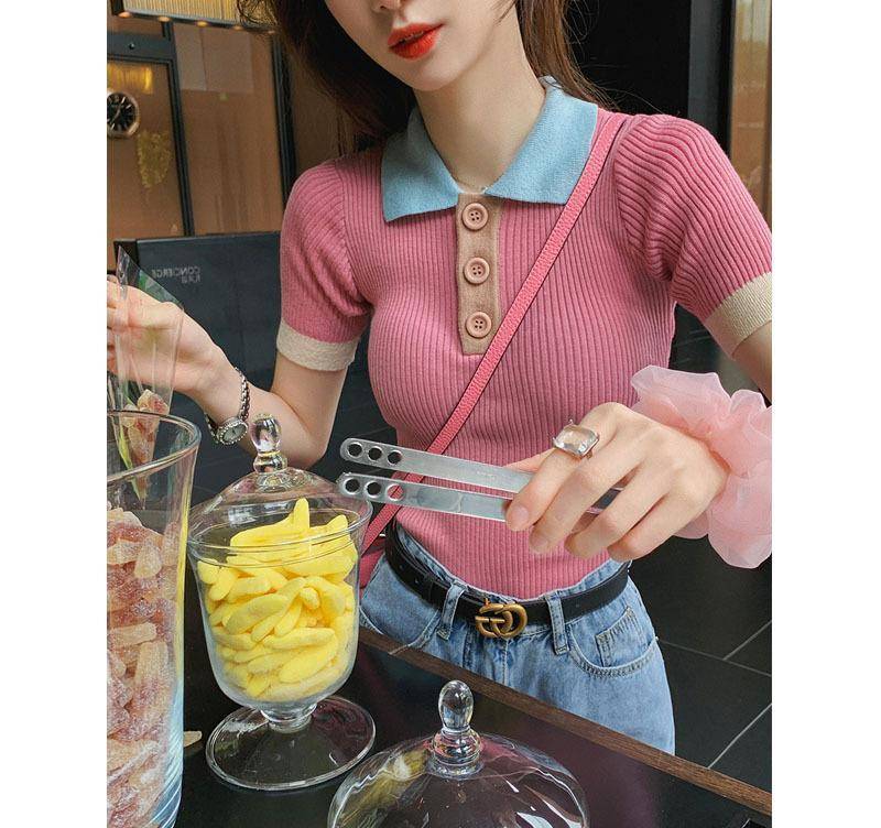 小苹果韩版粉色:2023夏新品 粉色针织短袖T恤女韩版修身显瘦上衣百搭潮流-第1张图片-太平洋在线下载